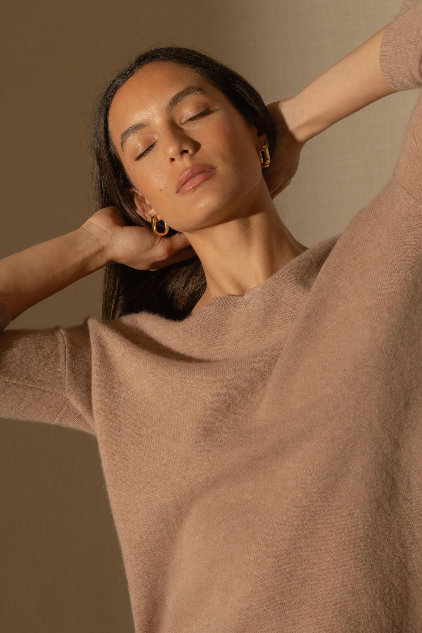 THAIS pull col v camel chiné 100% cachemire