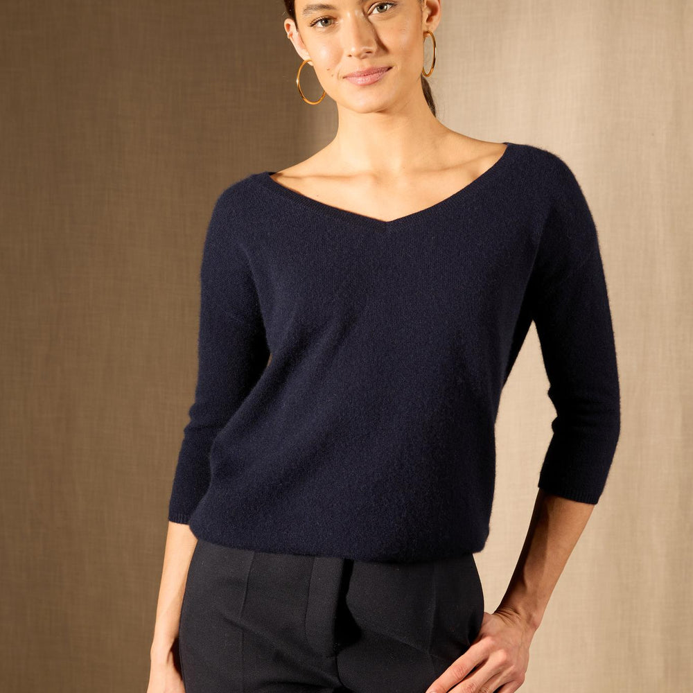 THAIS pull col v navy 100% cachemire