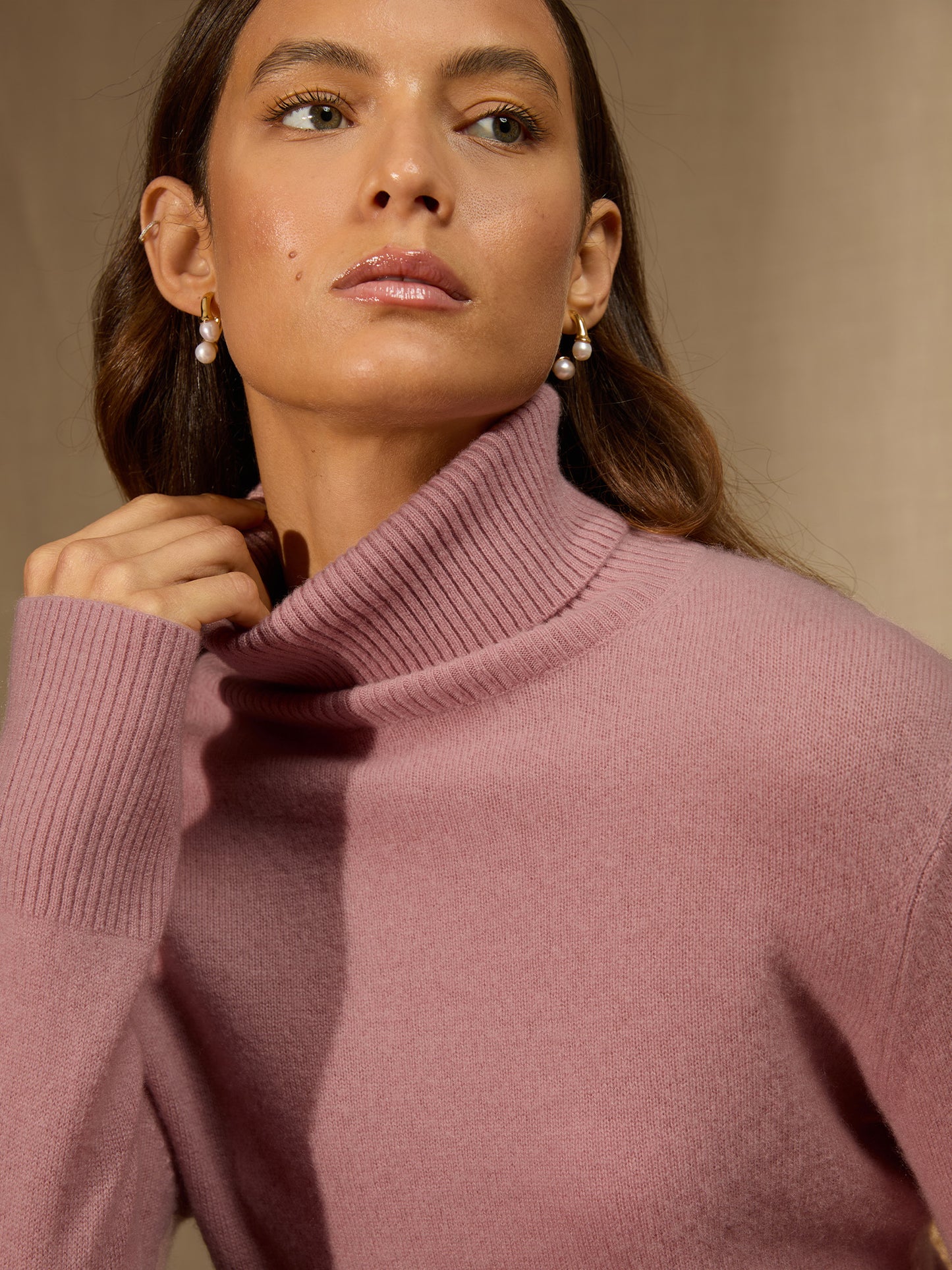 TRACY pull col roulé bois de rose 100% cachemire