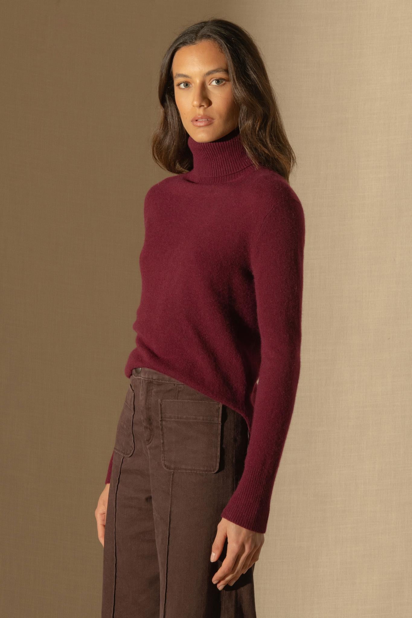 TRACY pull col roulé bordeaux 100% cachemire