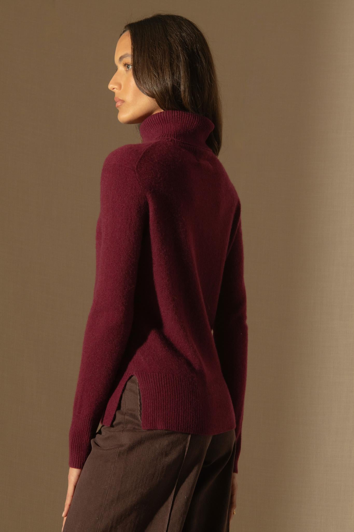 TRACY pull col roulé bordeaux 100% cachemire