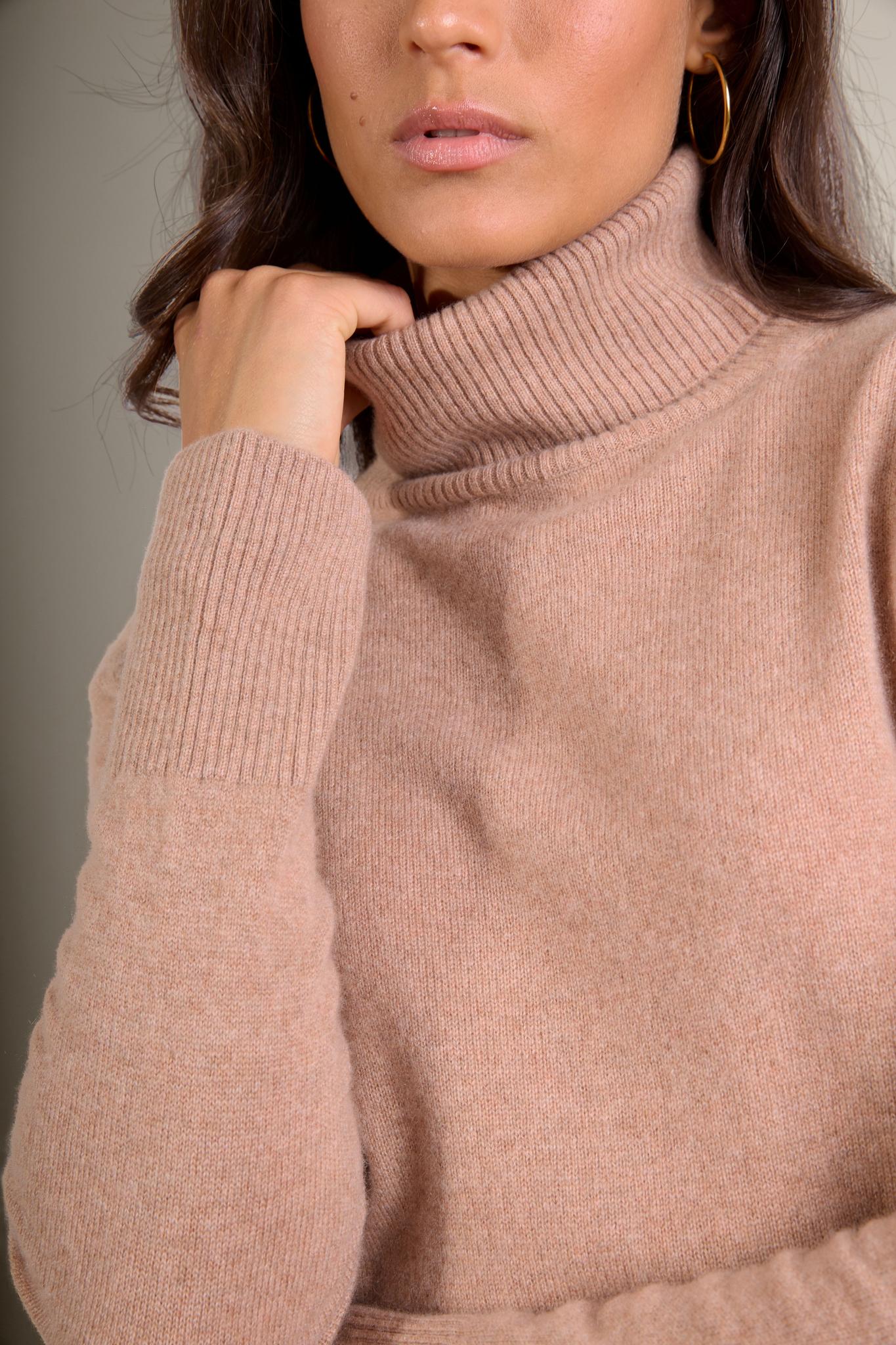 TRACY pull col roulé camel chiné 100% cachemire