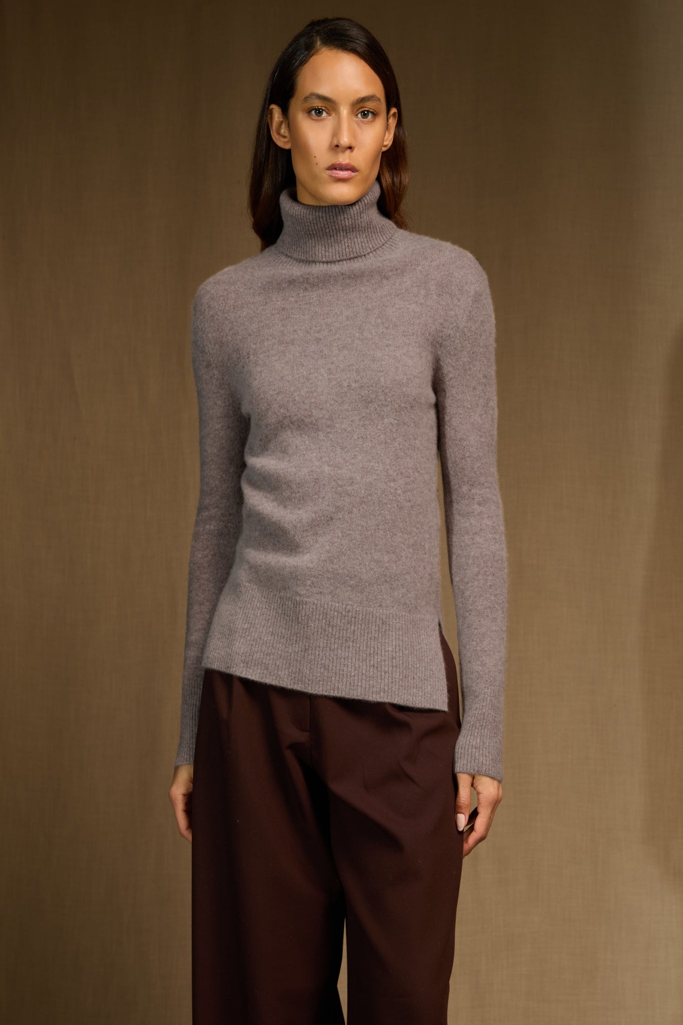 TRACY pull col roulé caribou chiné 100% cachemire