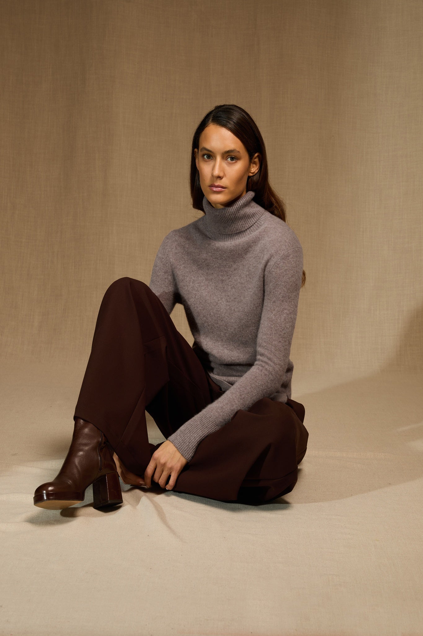 TRACY pull col roulé caribou chiné 100% cachemire