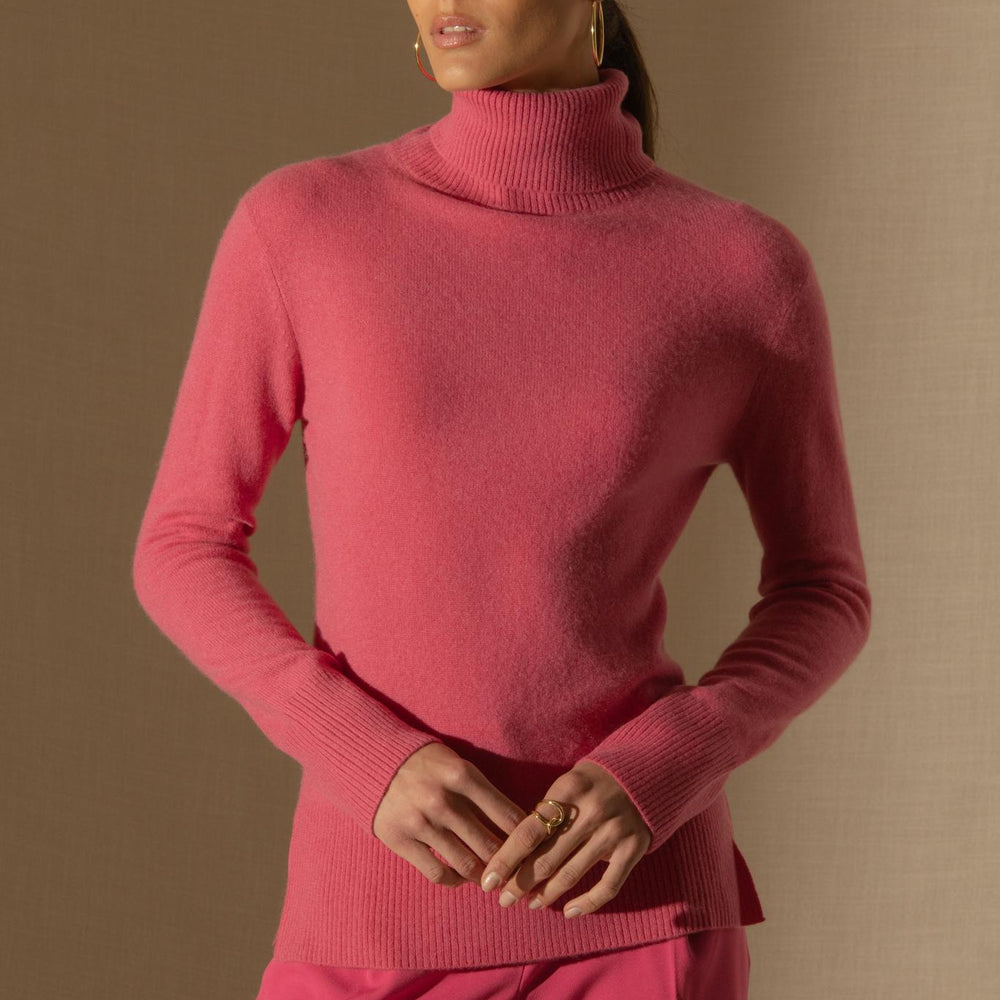 TRACY pull col roulé fraise 100% cachemire