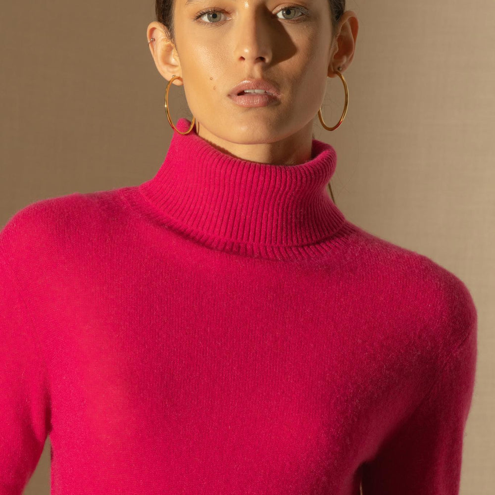 TRACY pull col roulé fuchsia 100% cachemire