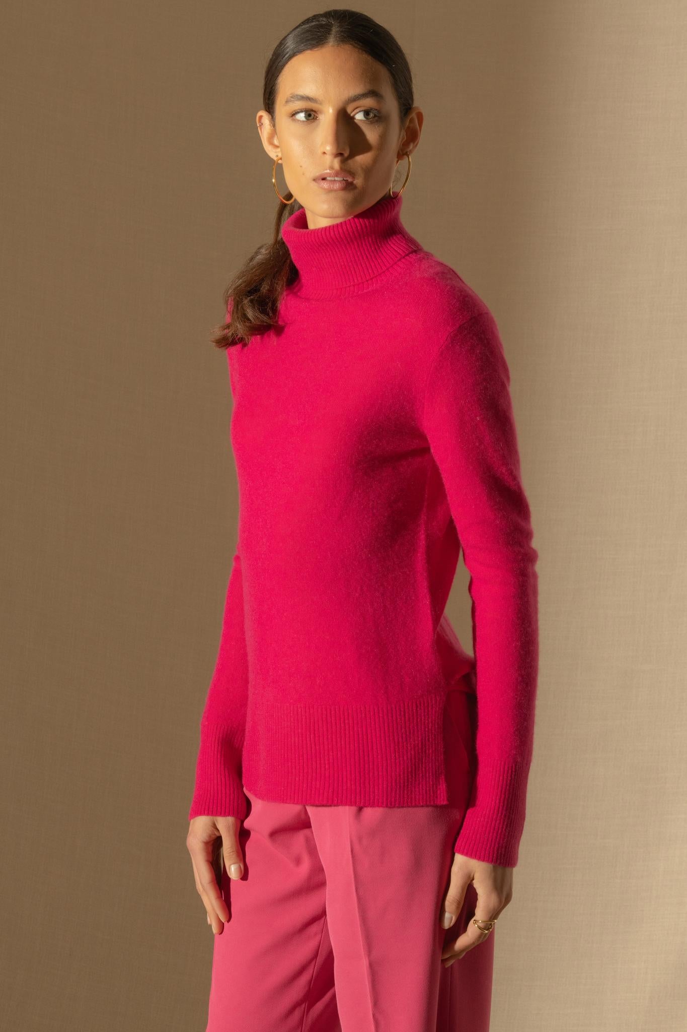 TRACY pull col roulé fuchsia 100% cachemire