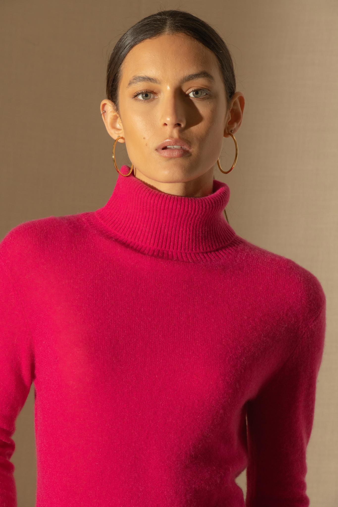 TRACY pull col roulé fuchsia 100% cachemire