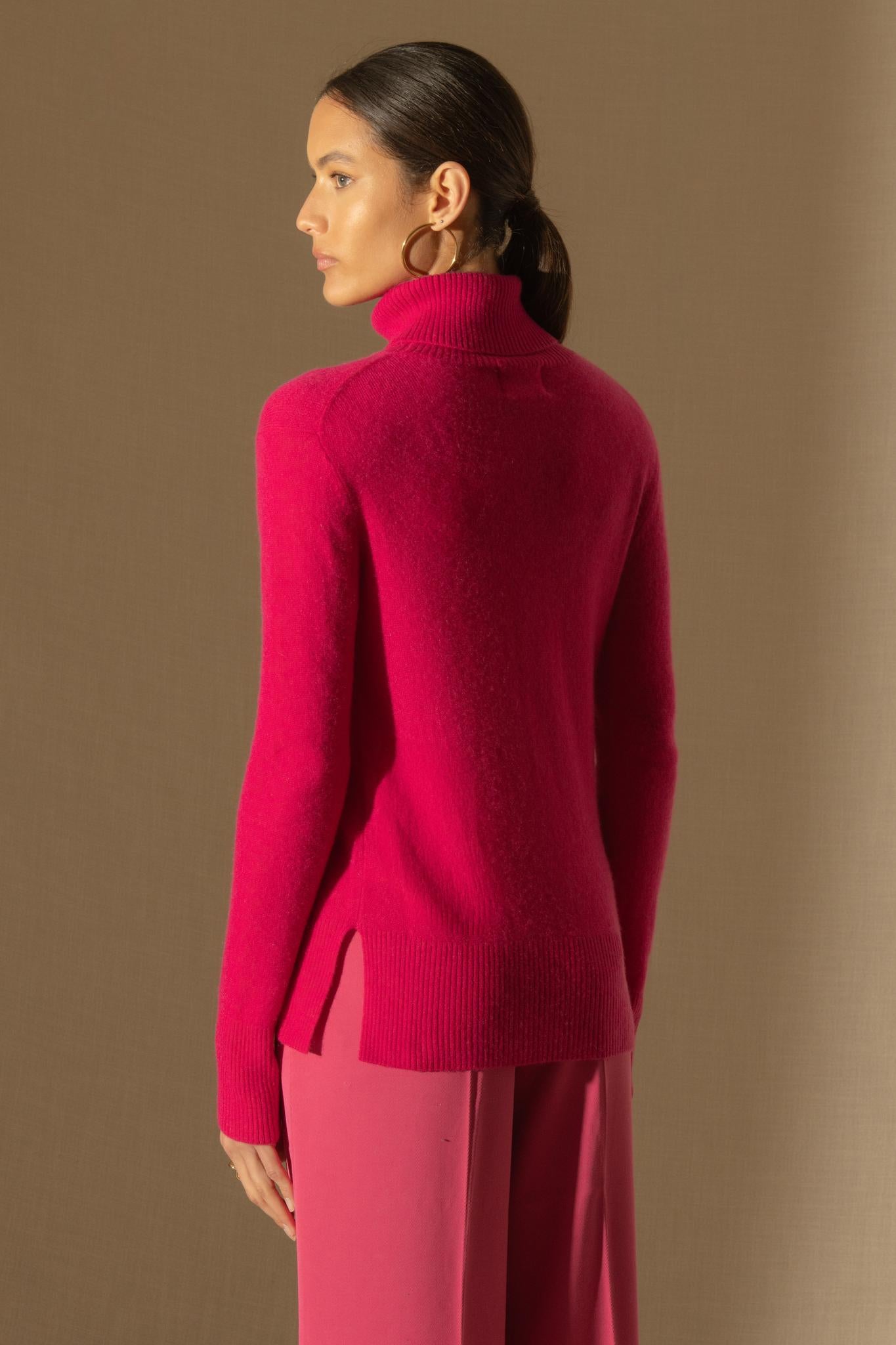 TRACY pull col roulé fuchsia 100% cachemire