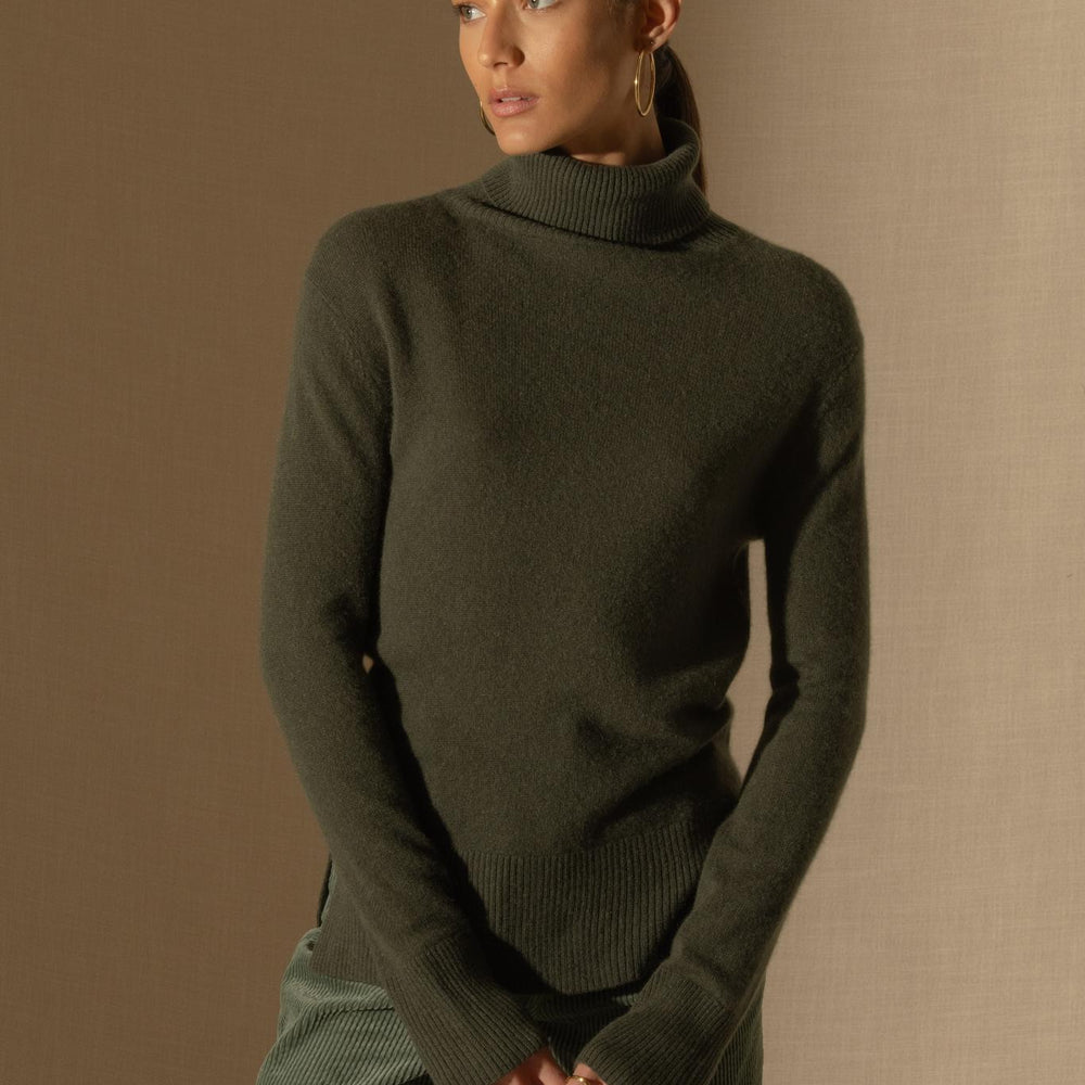 TRACY pull col roulé kaki 100% cachemire