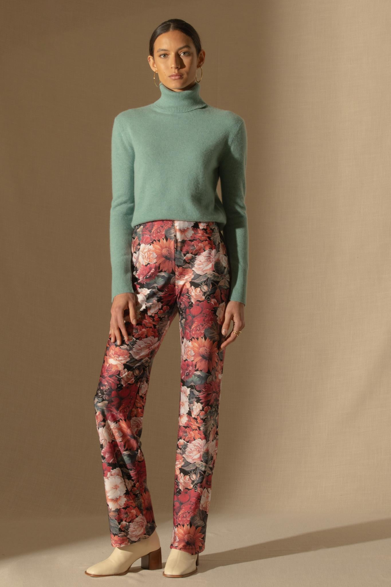 TRACY pull col roulé vert chiné 100% cachemire