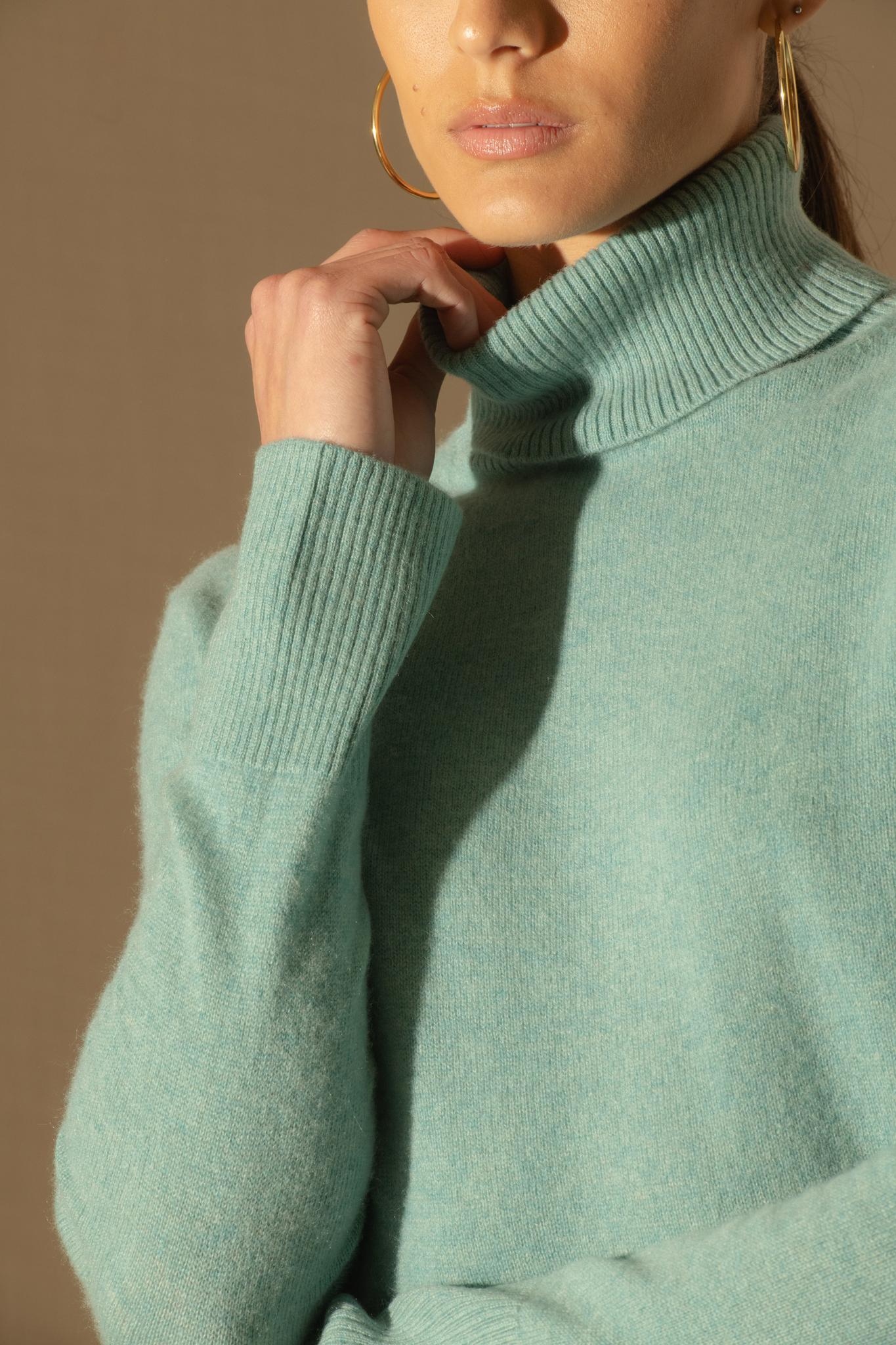 TRACY pull col roulé vert chiné 100% cachemire
