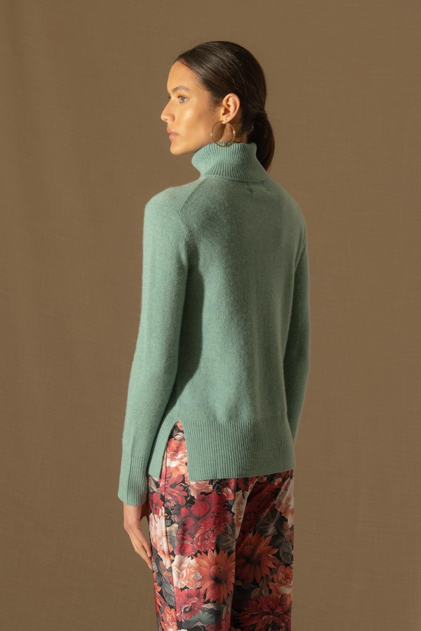 TRACY pull col roulé vert chiné 100% cachemire