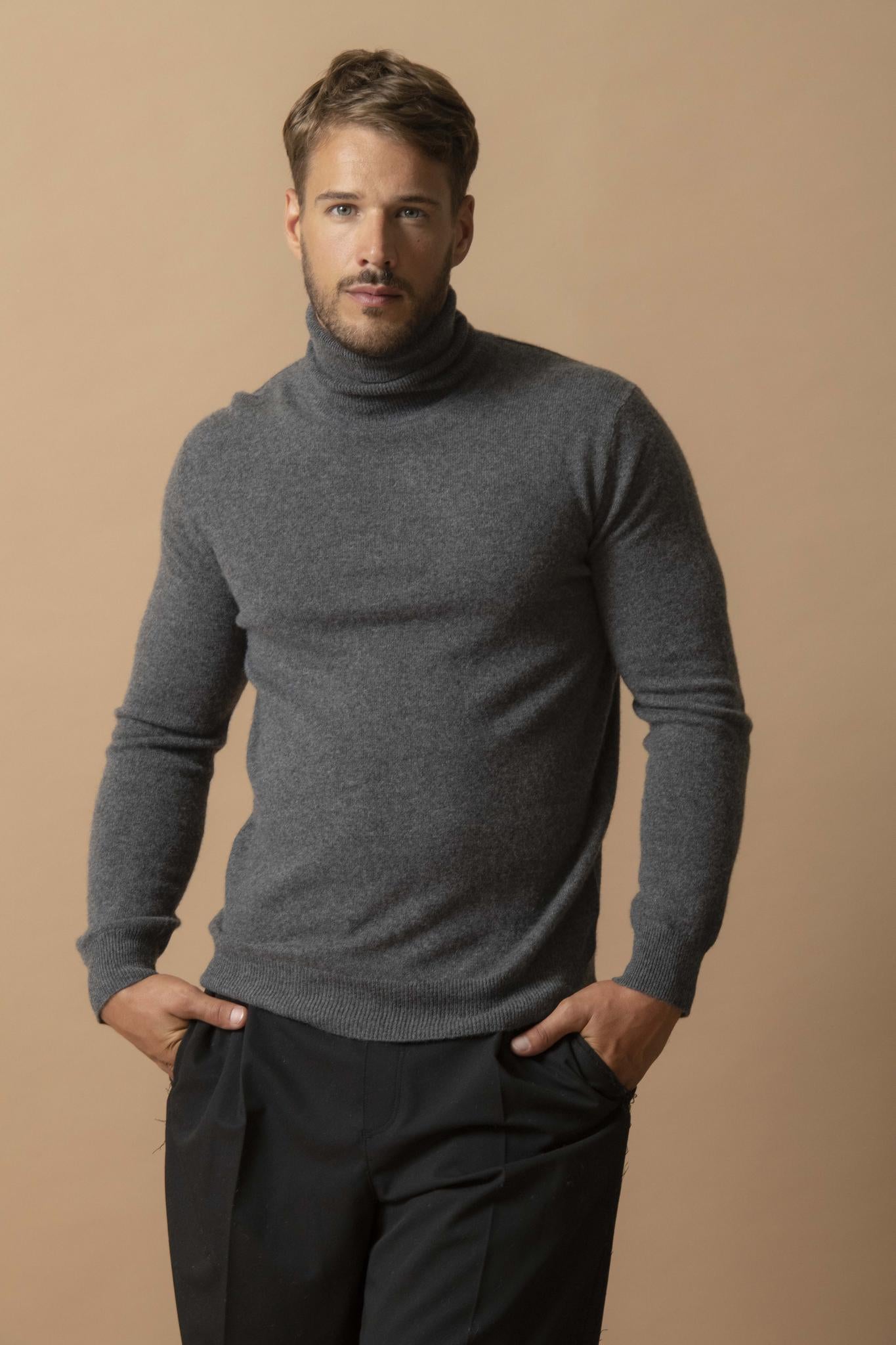 TREVOR pull col roulé anthracite chiné 100% cachemire