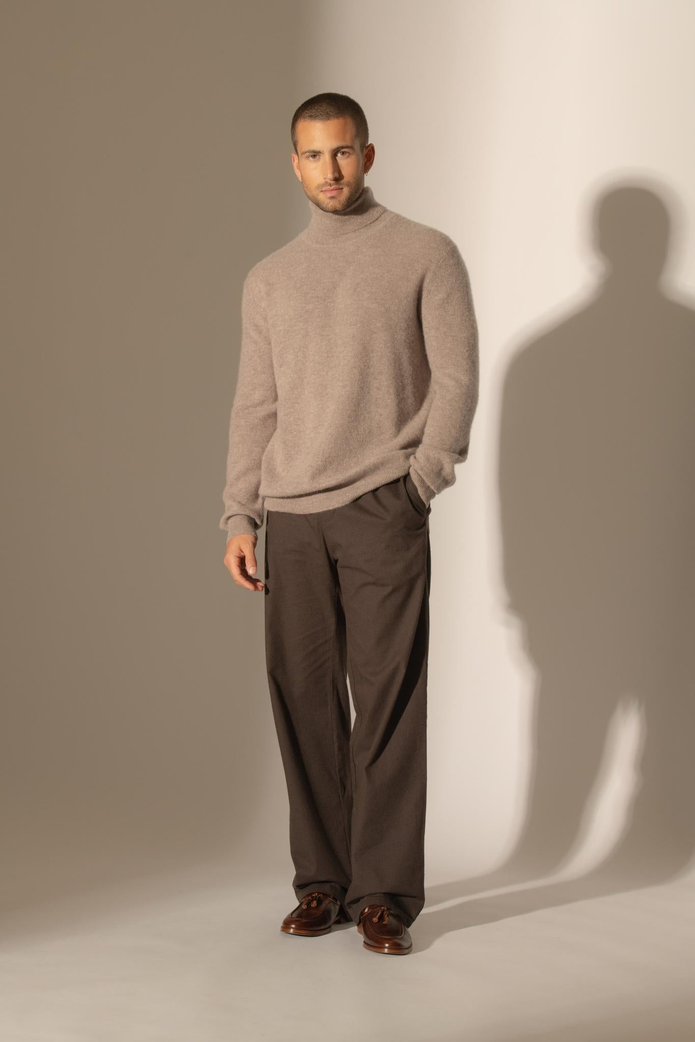 TREVOR pull col roulé caribou chiné 100% cachemire