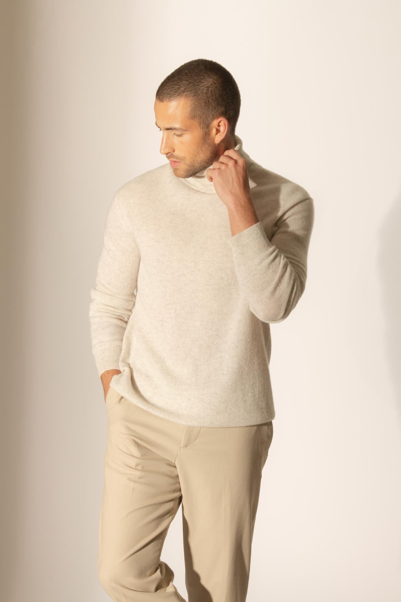 TREVOR pull col roulé gris perle chiné 100% cachemire