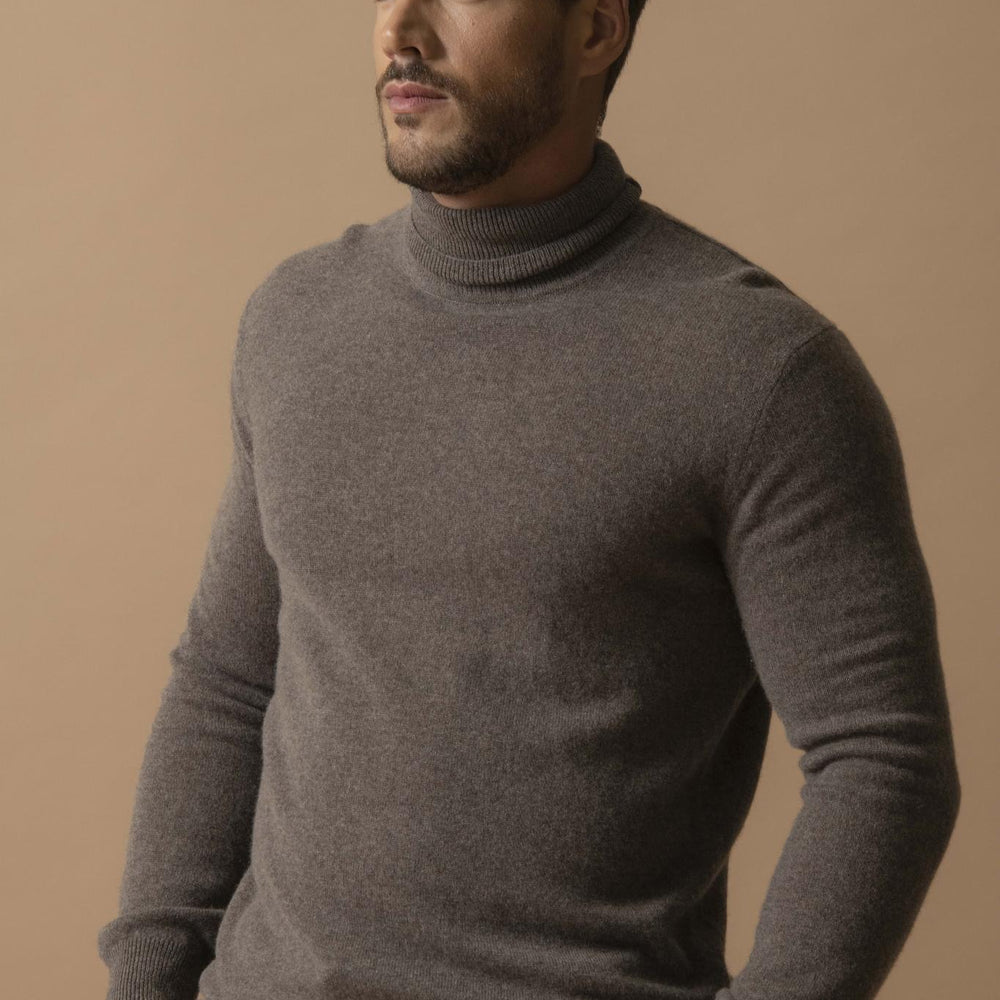 TREVOR pull col roulé taupe chiné 100% cachemire