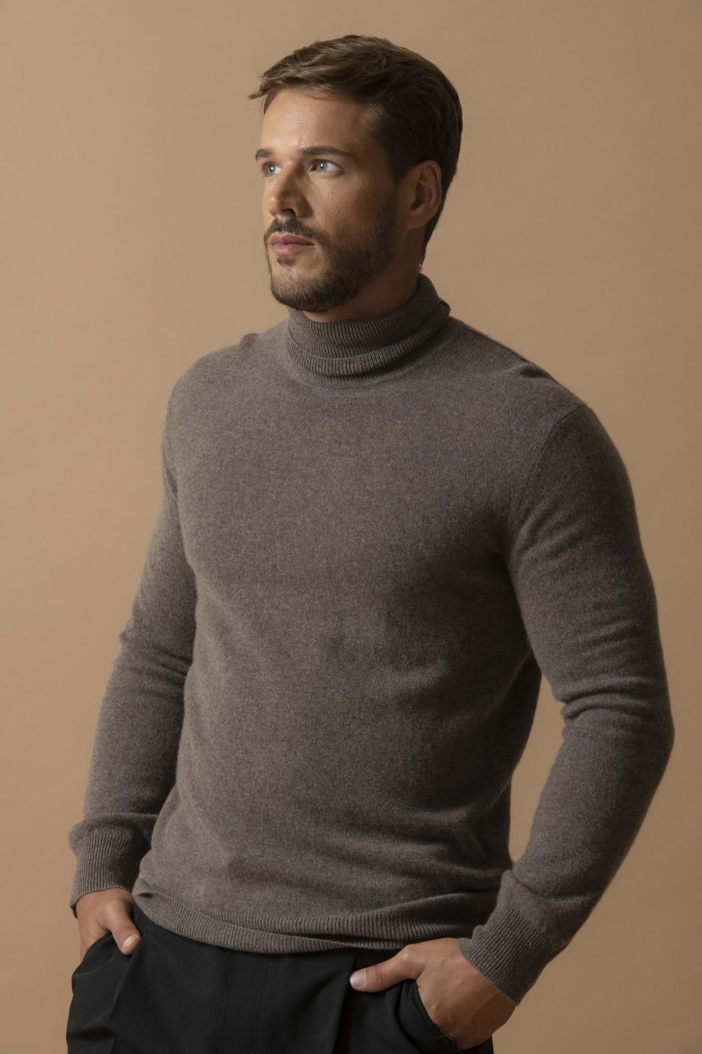 TREVOR pull col roulé taupe chiné 100% cachemire