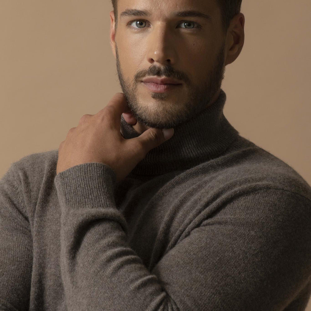 TREVOR pull col roulé taupe chiné 100% cachemire