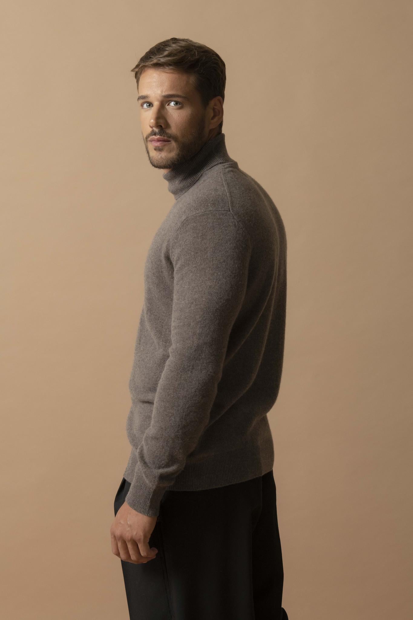 TREVOR pull col roulé taupe chiné 100% cachemire