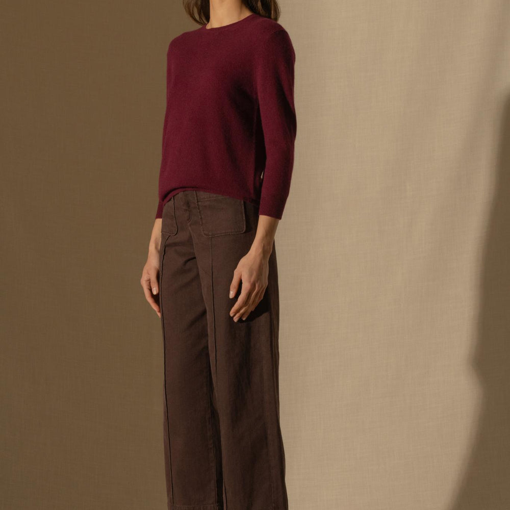 VANESSA pull col rond boutonné dos bordeaux 100% cachemire