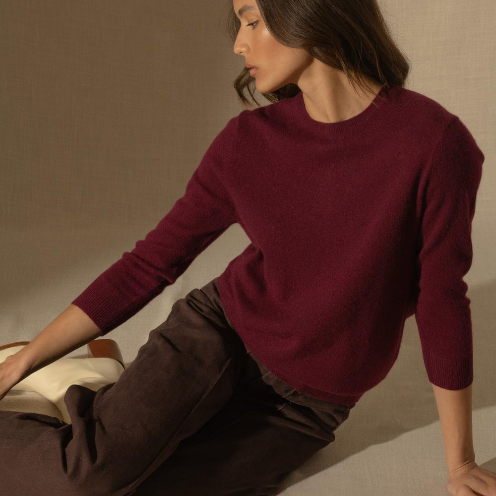 VANESSA pull col rond boutonné dos bordeaux 100% cachemire