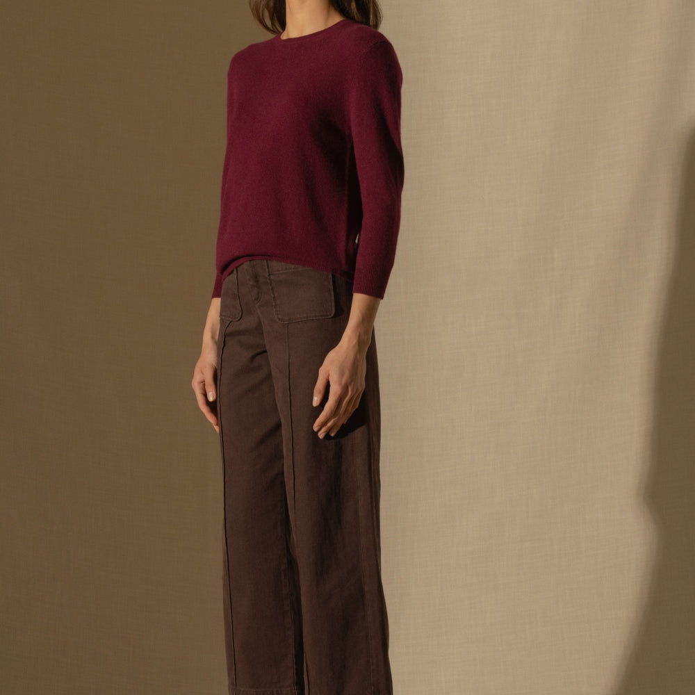 vanessa pull col rond boutonné dos bordeaux 100% cachemire