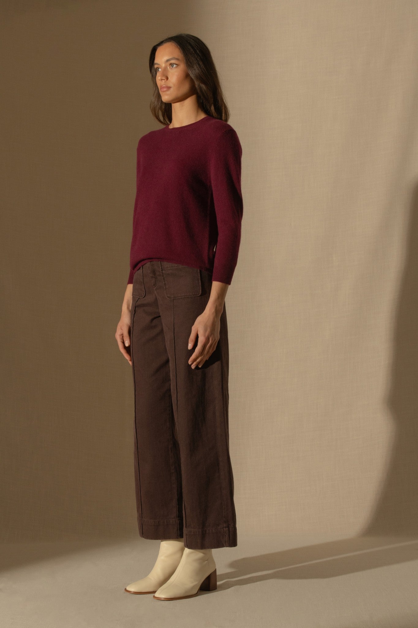 vanessa pull col rond boutonné dos bordeaux 100% cachemire