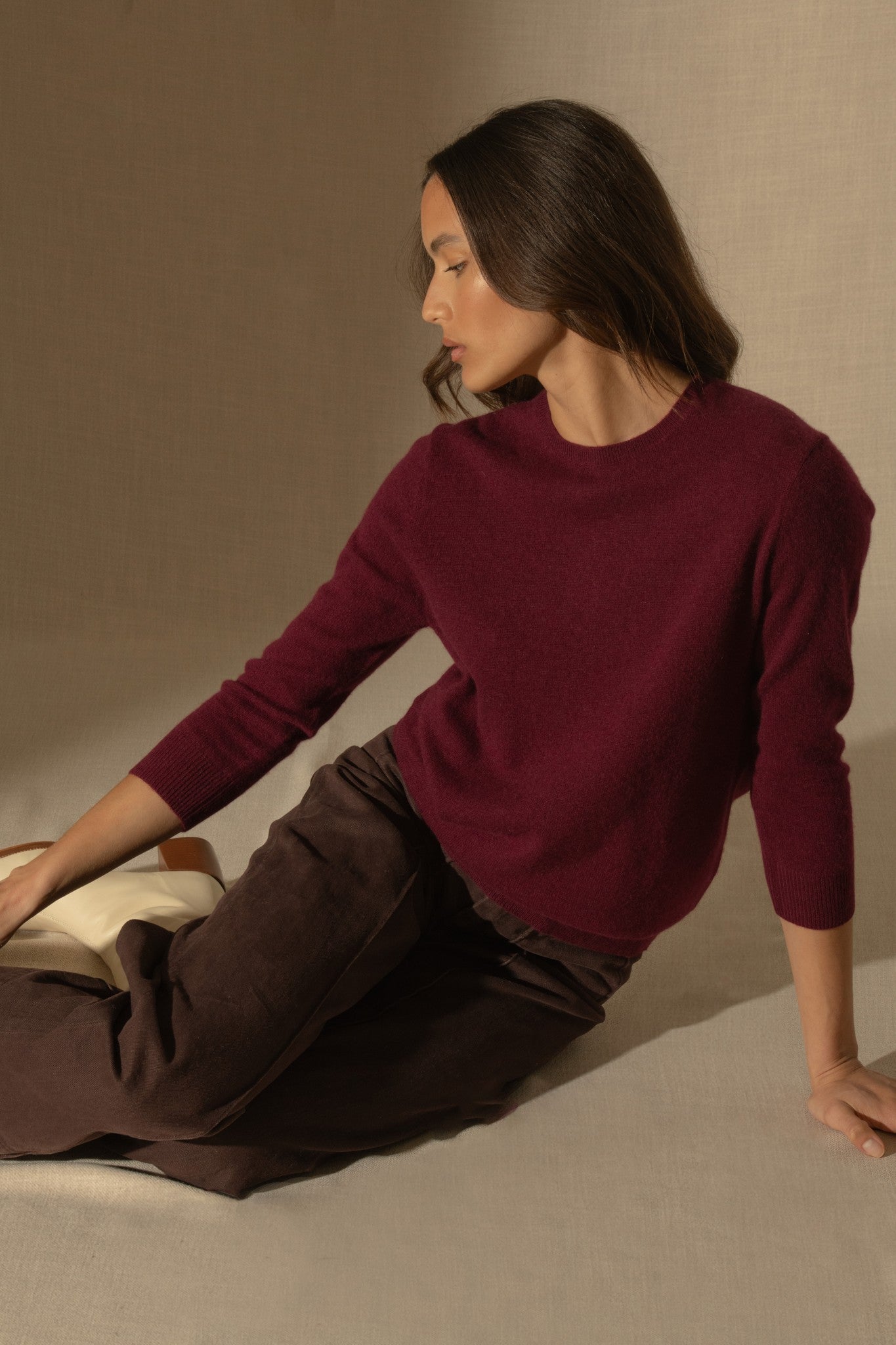 vanessa pull col rond boutonné dos bordeaux 100% cachemire