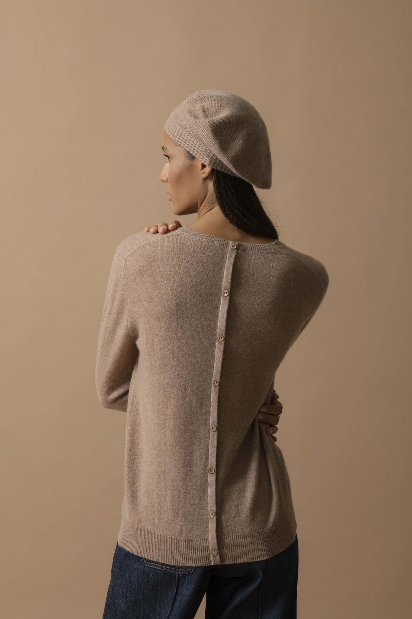 VANESSA pull col rond boutonné dos camel chiné 100% cachemire