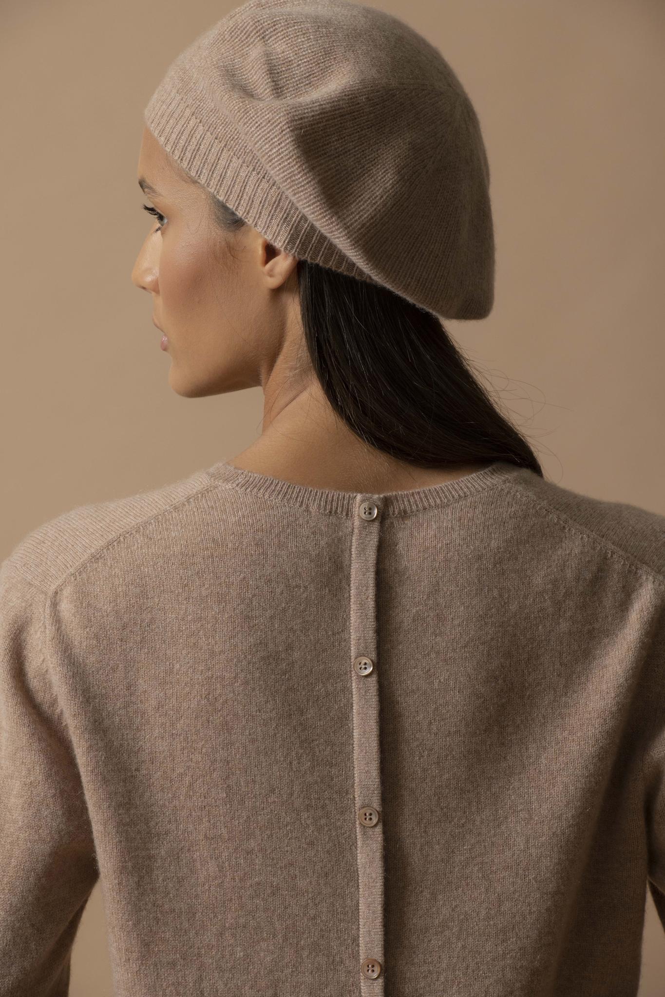 VANESSA pull col rond boutonné dos camel chiné 100% cachemire