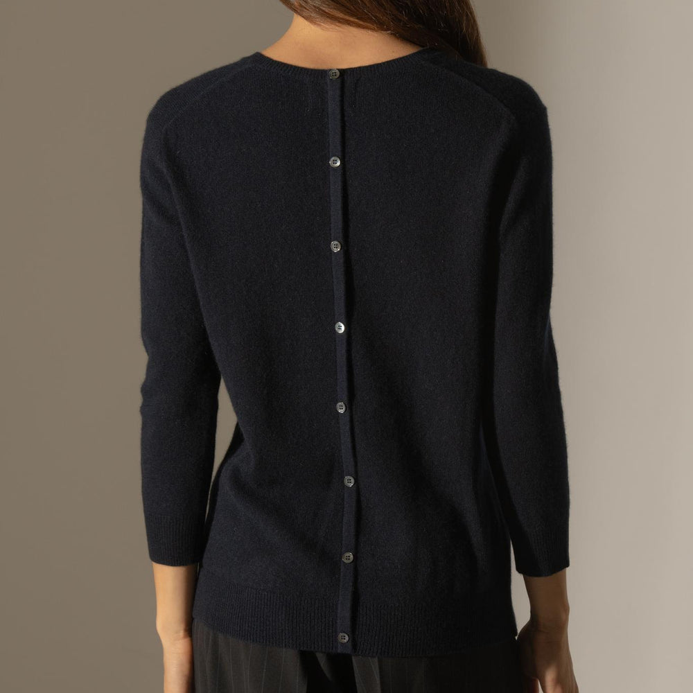 VANESSA pull col rond boutonné dos navy 100% cachemire