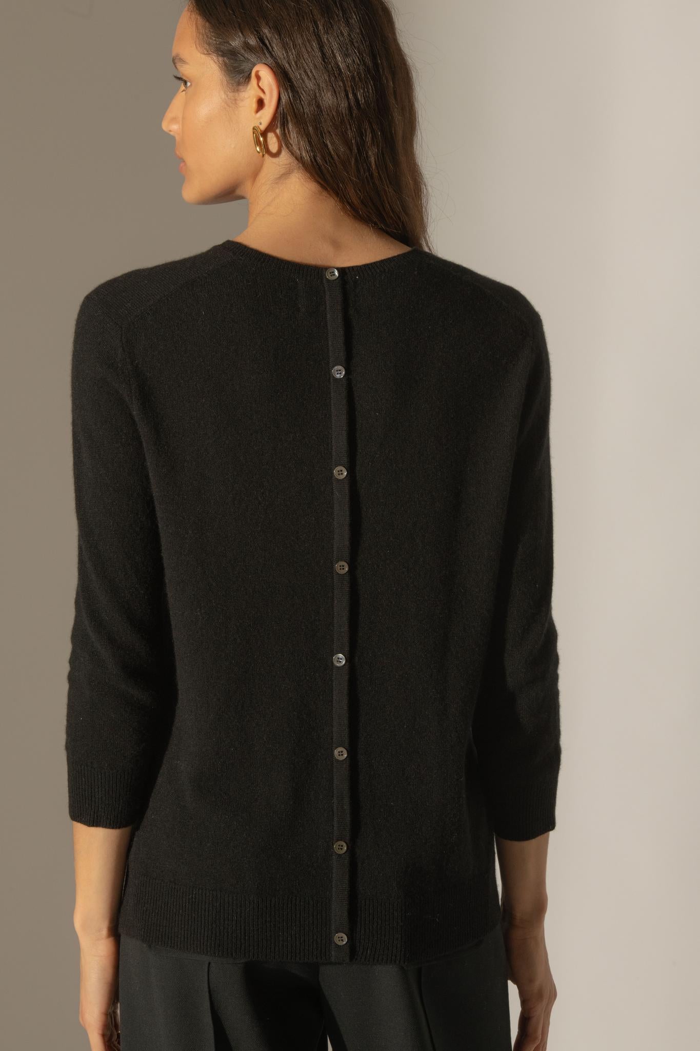 VANESSA pull col rond boutonné dos noir 100% cachemire