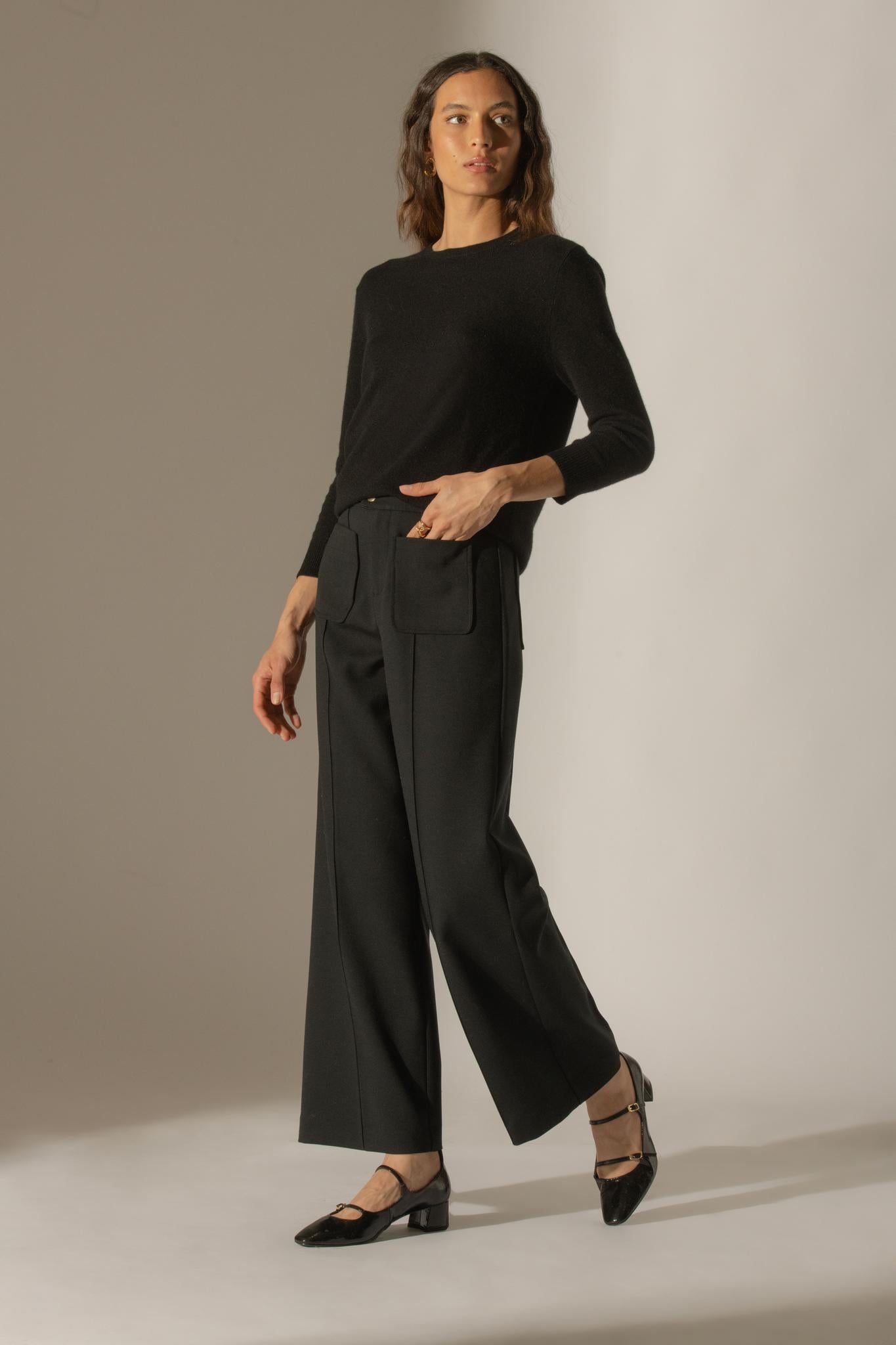 VANESSA pull col rond boutonné dos noir 100% cachemire
