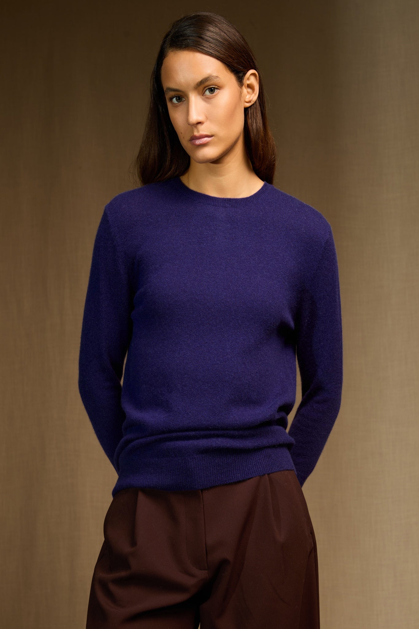 VANESSA pull col rond boutonné dos purple 100% cachemire