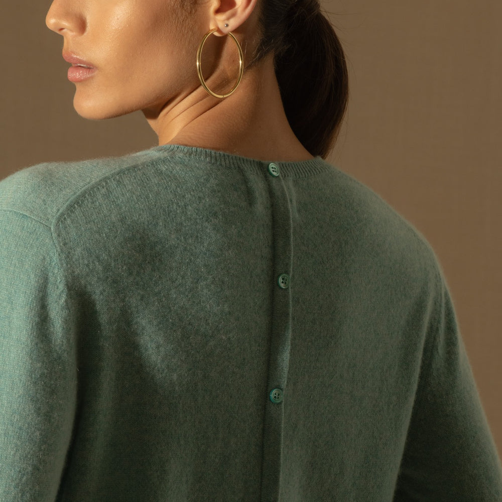vanessa pull col rond boutonné dos vert chiné 100% cachemire