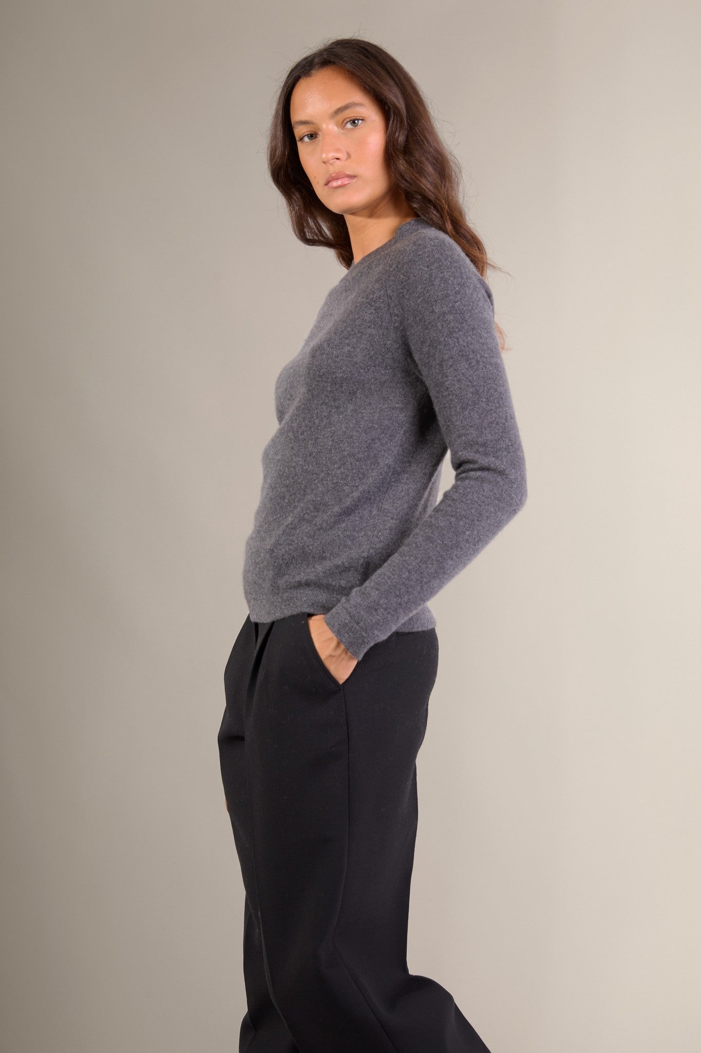 whitney pull col rond anthracite chiné 100% cachemire