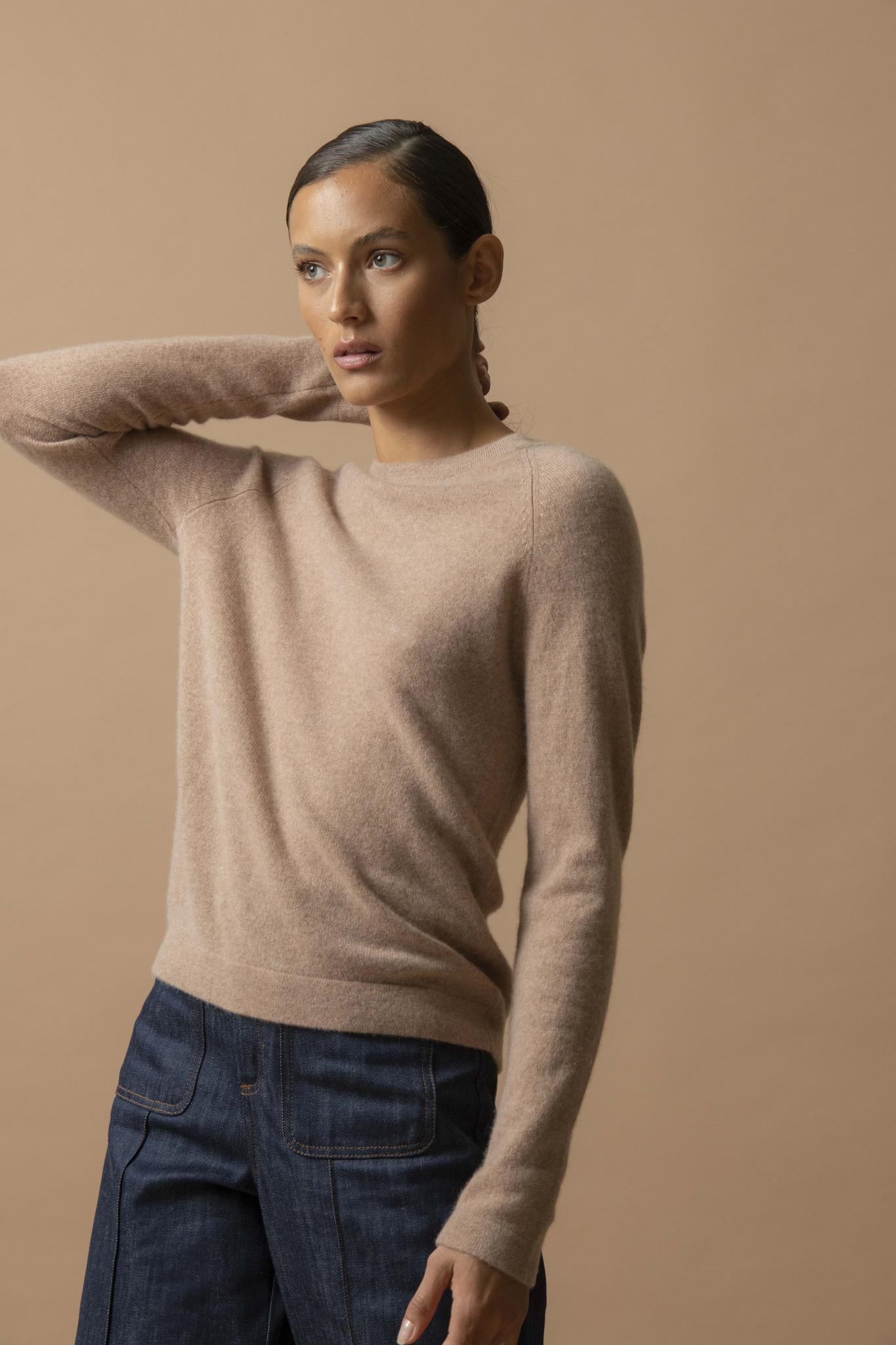 WHITNEY pull col rond camel chiné 100% cachemire