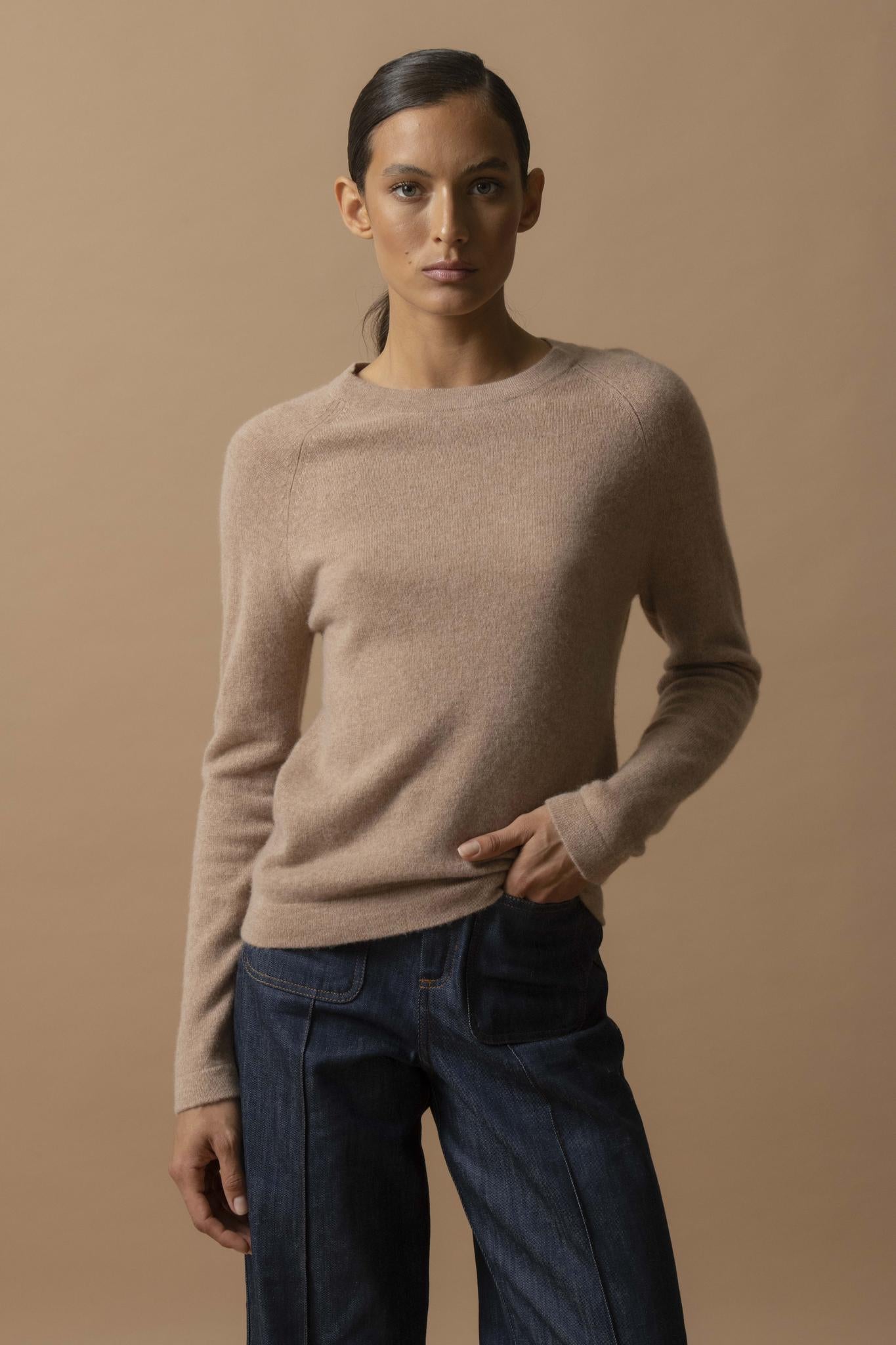 WHITNEY pull col rond camel chiné 100% cachemire