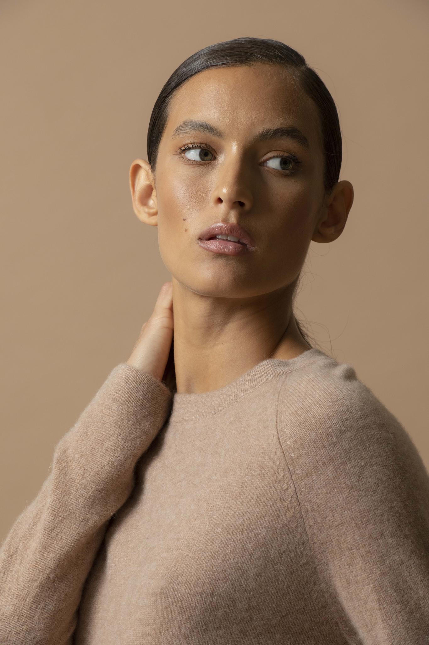 WHITNEY pull col rond camel chiné 100% cachemire