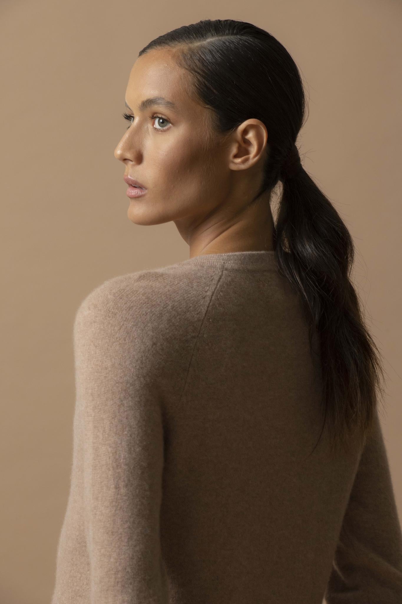 WHITNEY pull col rond camel chiné 100% cachemire