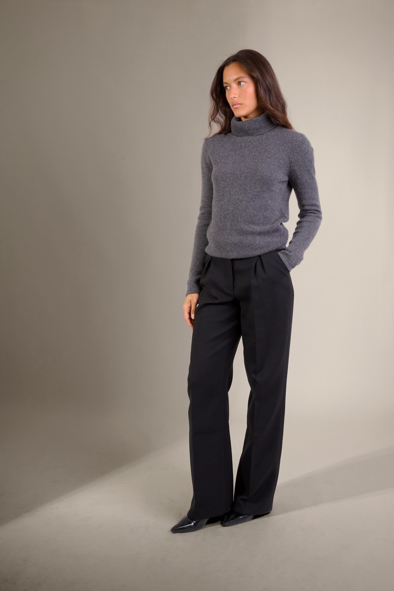 willow pull col roulé 4 fils anthracite chiné 100% cachemire