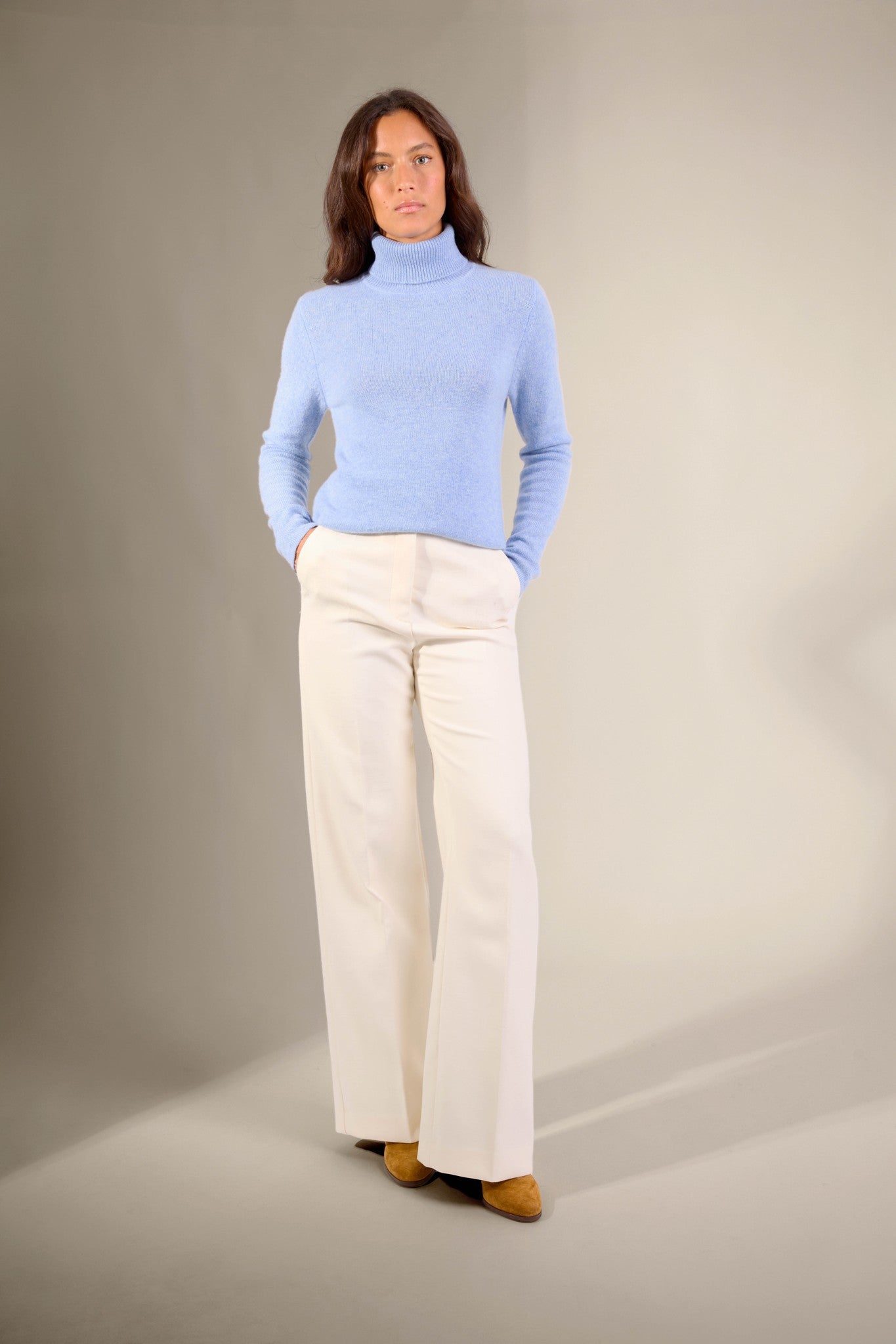 willow pull col roulé 4 fils bleu ciel chiné 100% cachemire