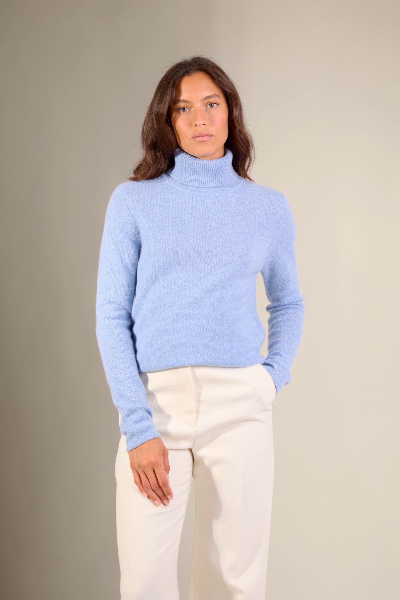 willow pull col roulé 4 fils bleu ciel chiné 100% cachemire