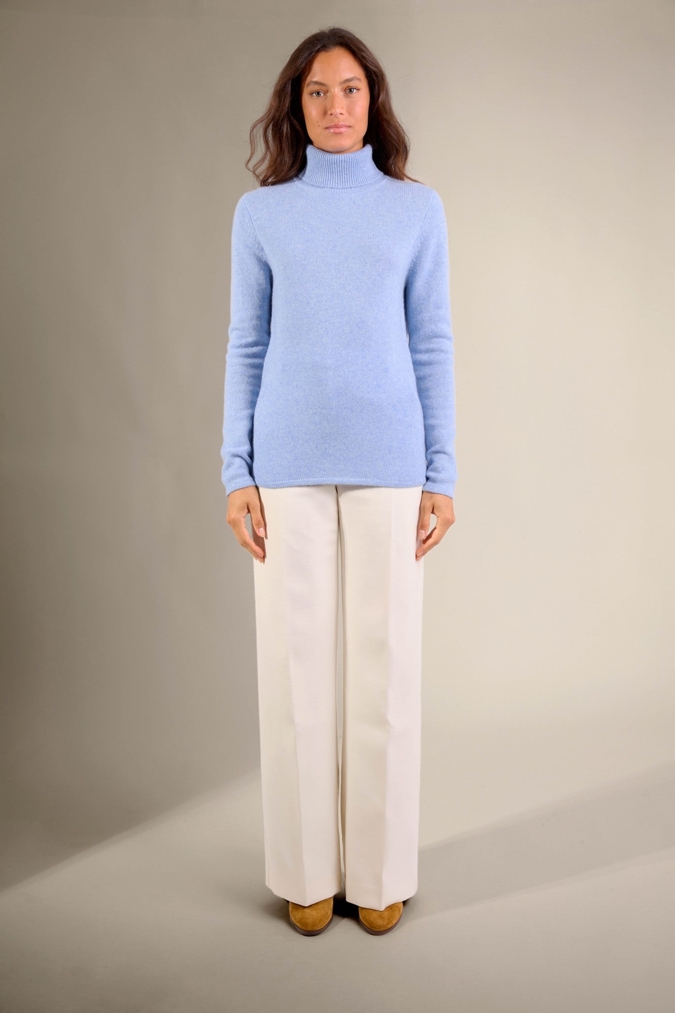 willow pull col roulé 4 fils bleu ciel chiné 100% cachemire