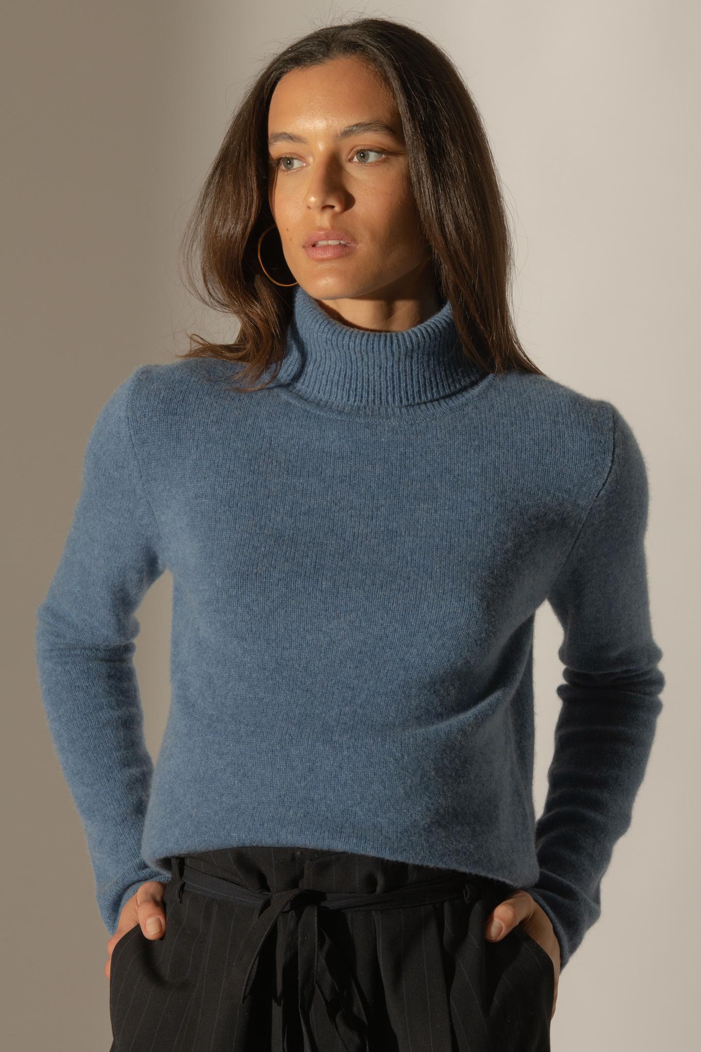 WILLOW pull col roulé 4 fils bleu denim 100% cachemire