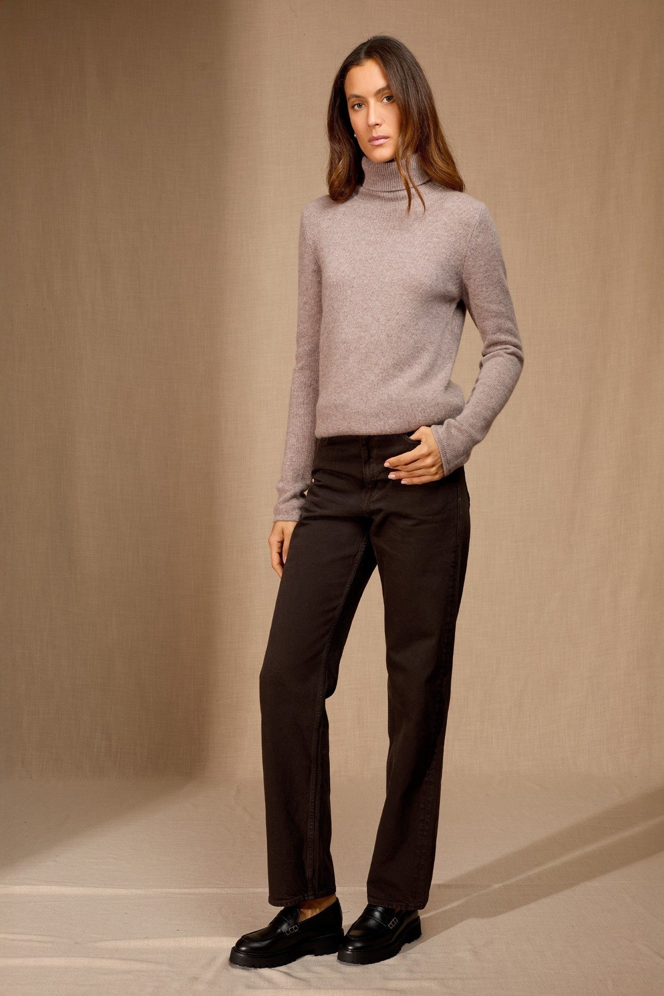 willow pull col roulé 4 fils caribou chiné 100% cachemire