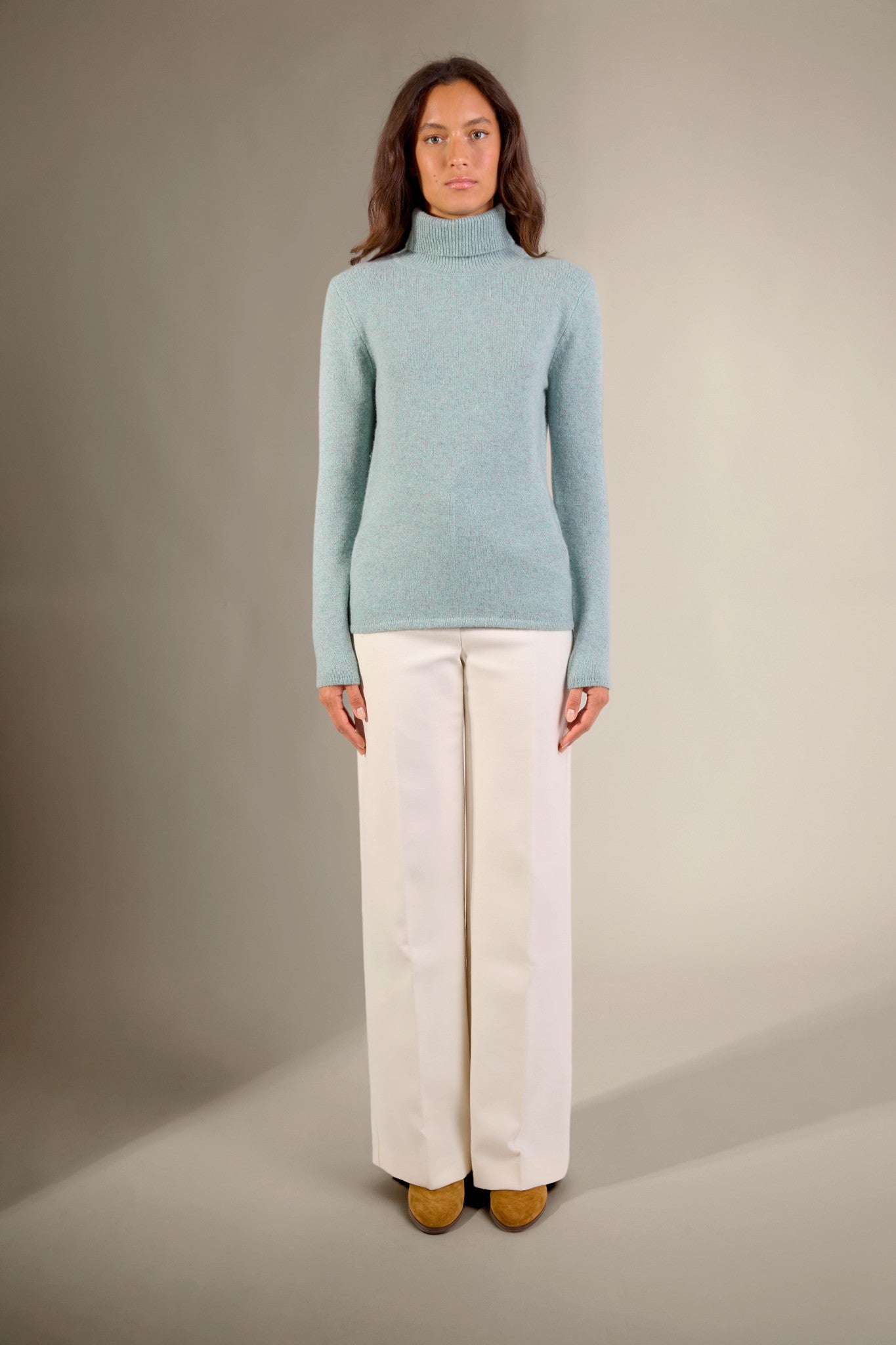 willow pull col roulé 4 fils céladon chiné 100% cachemire