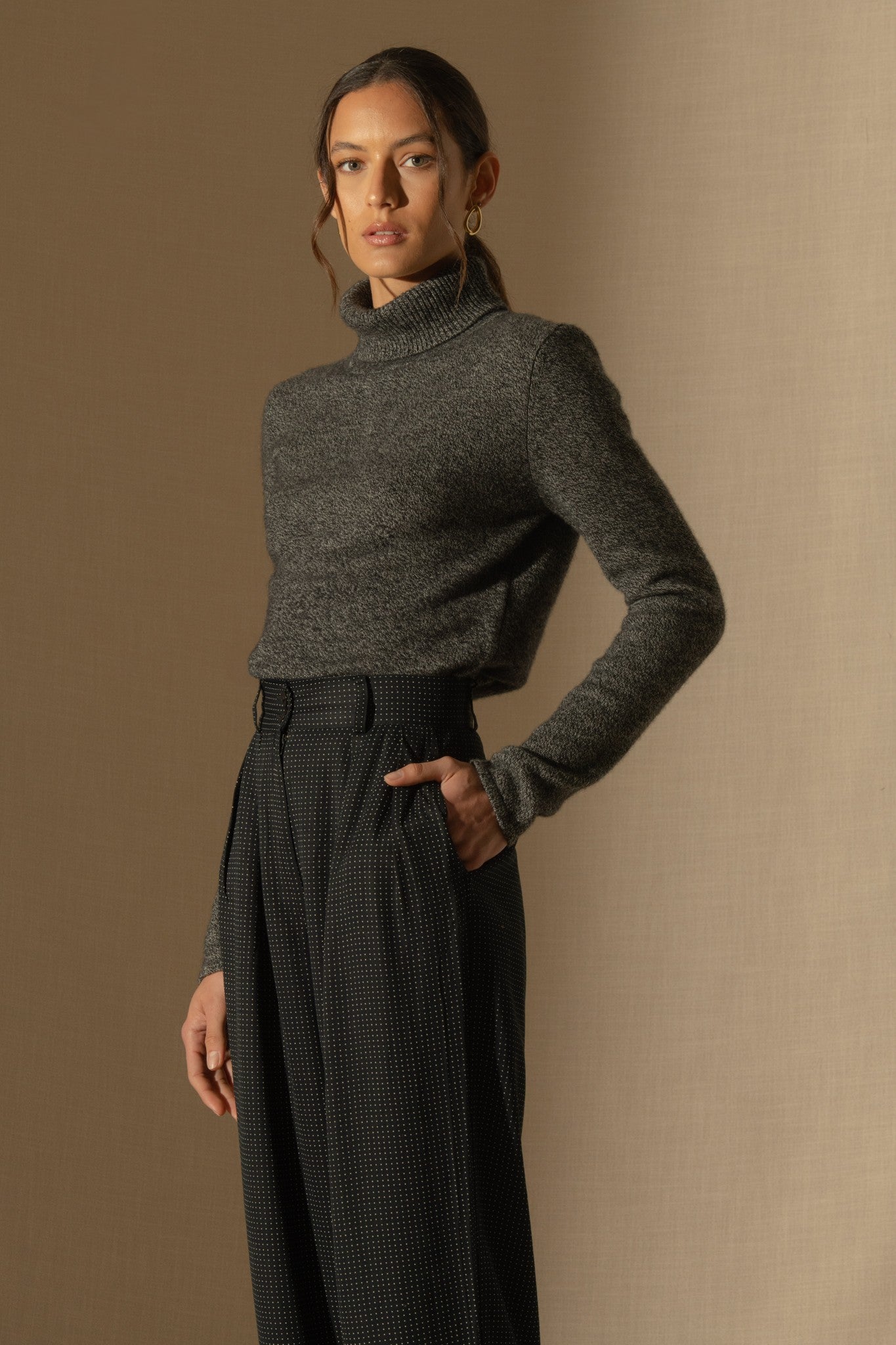 willow pull col roulé 4 fils noir/blanc 100% cachemire