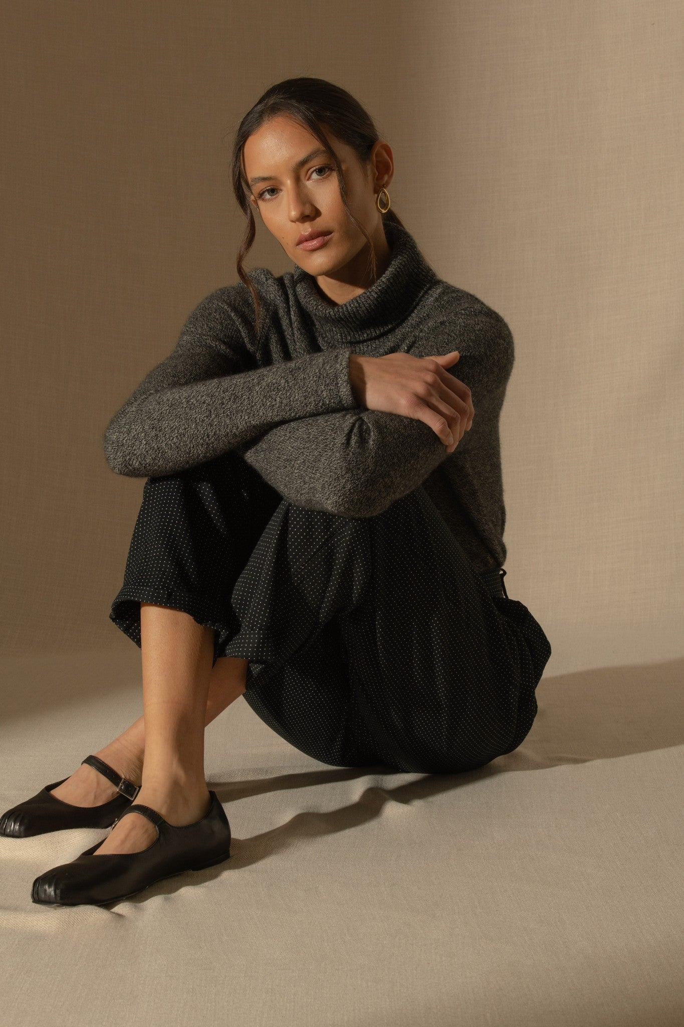 willow pull col roulé 4 fils noir/blanc 100% cachemire